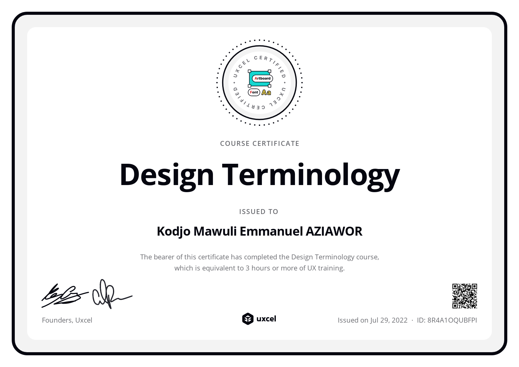 Emmanuel Aziawor's certificate